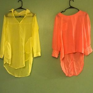 2 sheer blouses yellow and coral medium